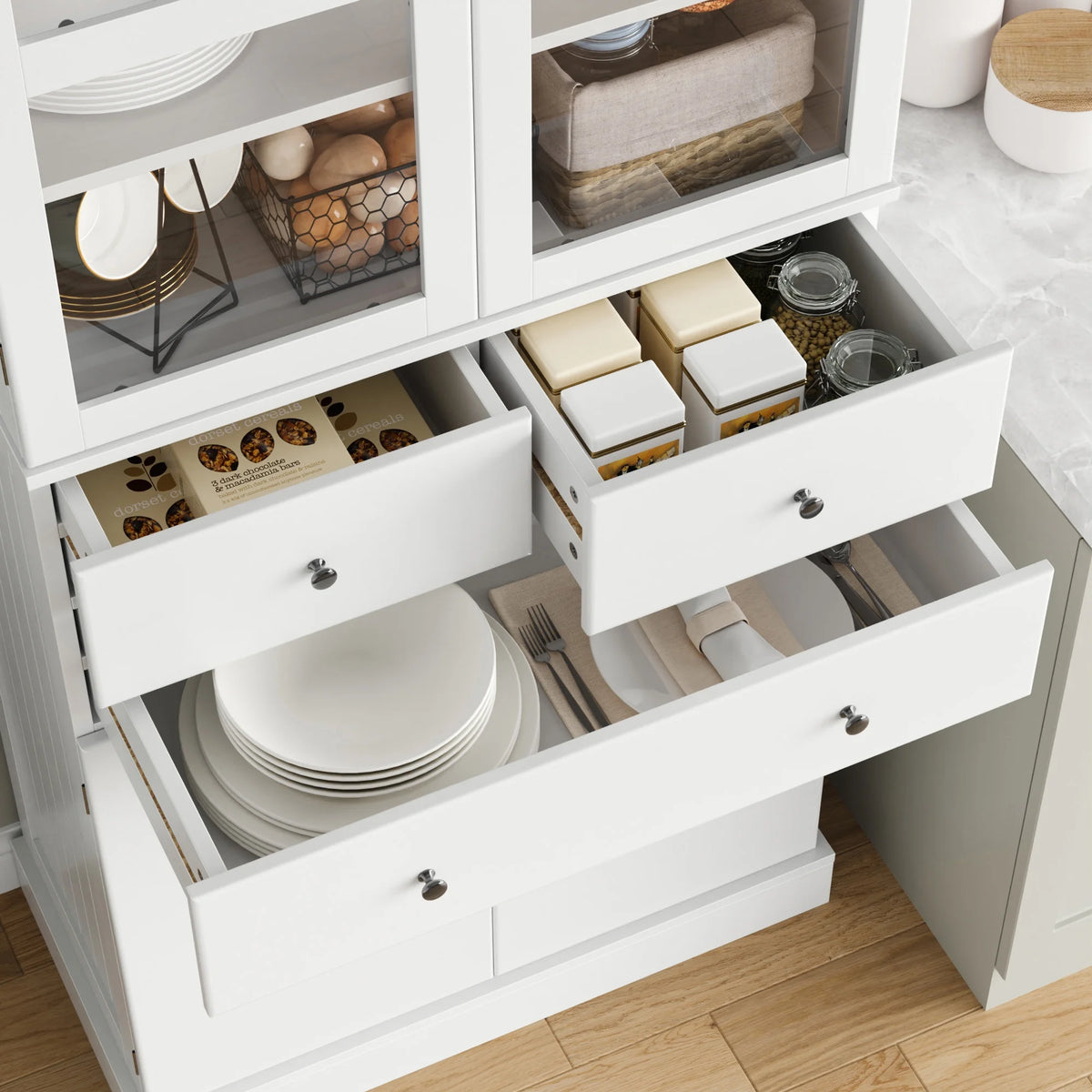 71" White Wood Bookcase with Glass Doors and 3 Drawers J230