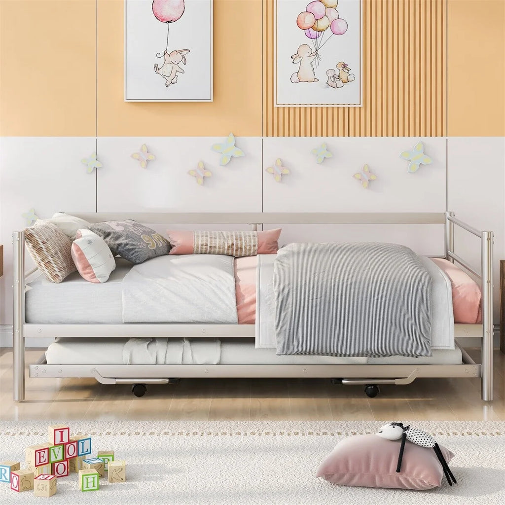 Twin Size Metal Daybed with Adjustable Trundle V264