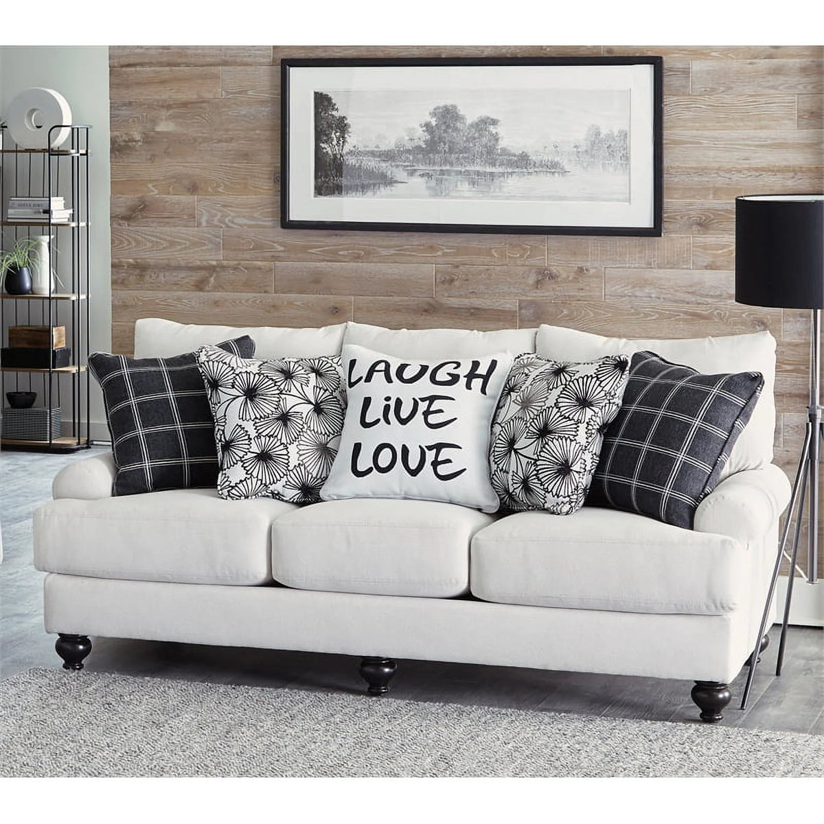 Ecru Off White Fabric 3 Seat Sofa with Accent Pillows F69427